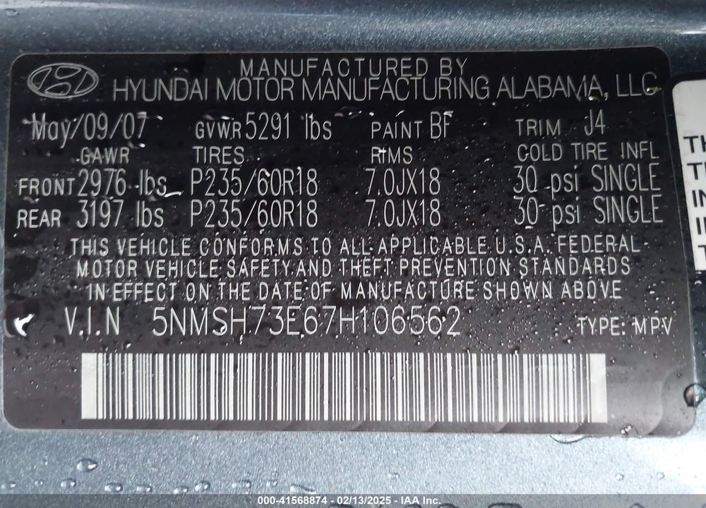 2007 HYUNDAI SANTA FE VIN: 5NMSH73E67H106562