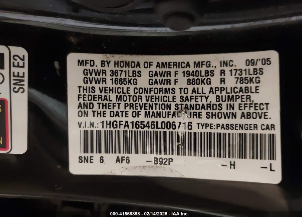 2006 HONDA CIVIC LX VIN: 1HGFA16546L006716