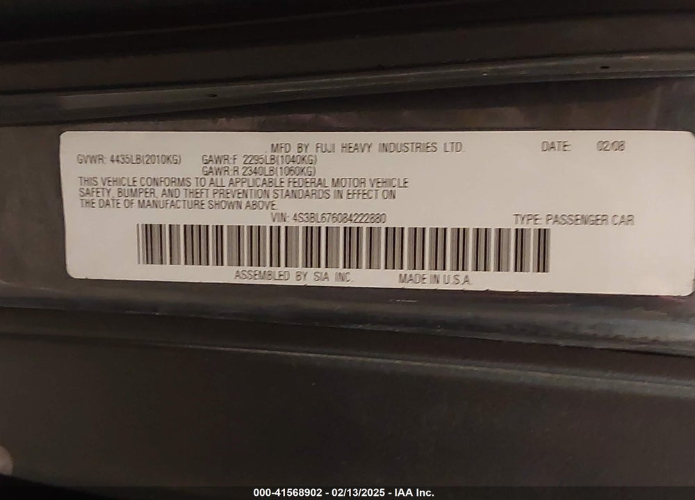 2008 SUBARU LEGACY VIN: 4S3BL676084222880