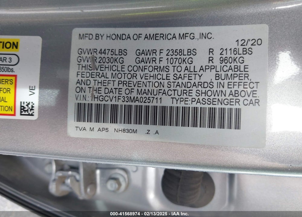 2021 HONDA ACCORD VIN: 1HGCV1F33MA025711