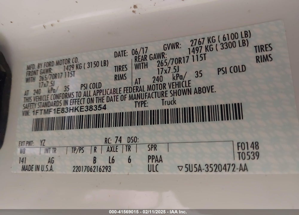 2017 FORD F-150 VIN: 1FTMF1E83HKE38354