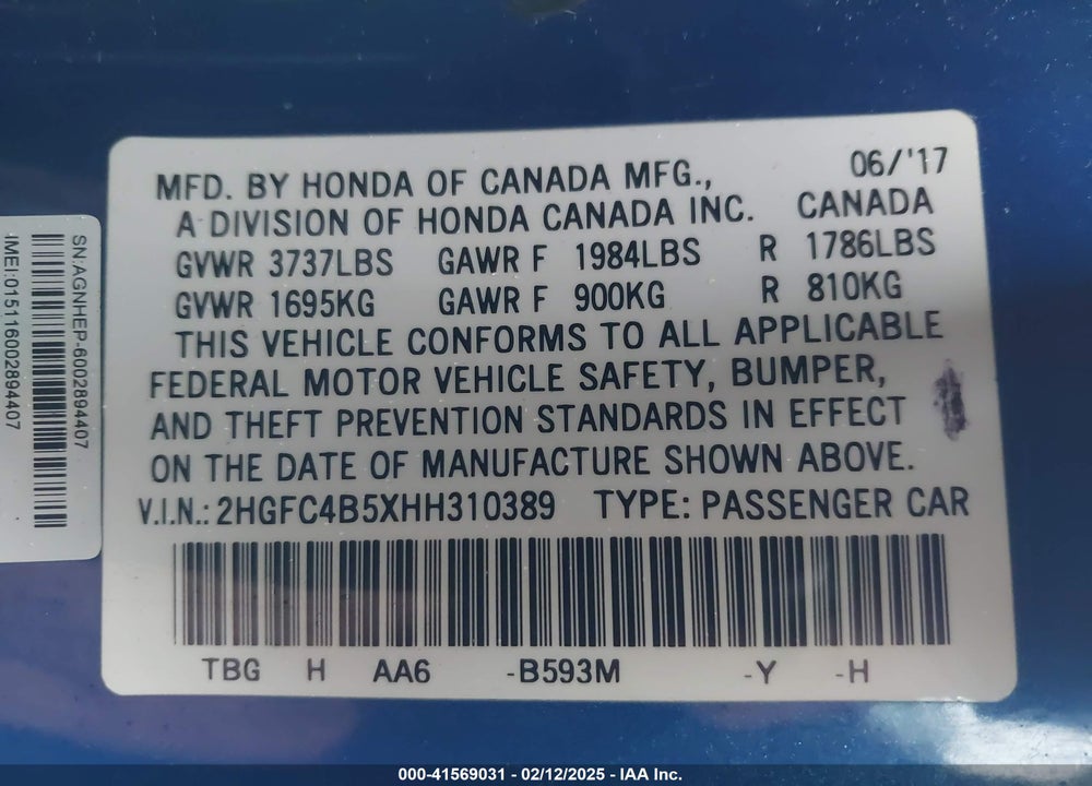 2017 HONDA CIVIC VIN: 2HGFC4B5XHH310389