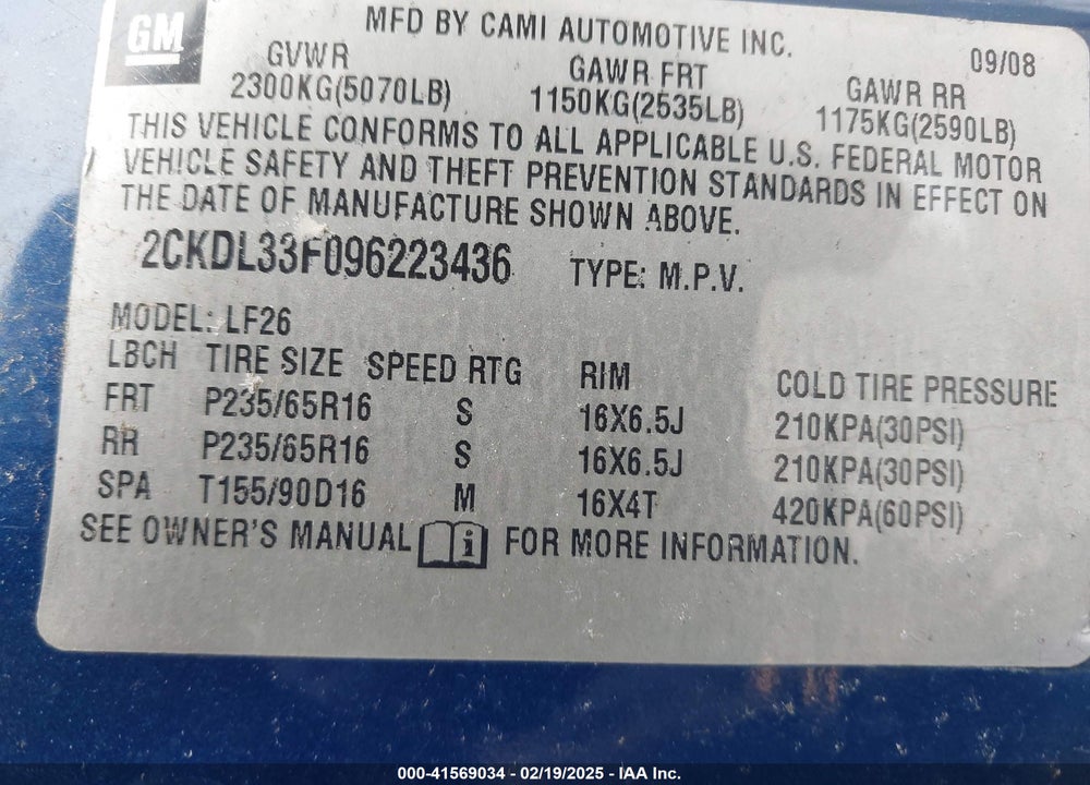 2009 PONTIAC TORRENT VIN: 2CKDL33F096223436