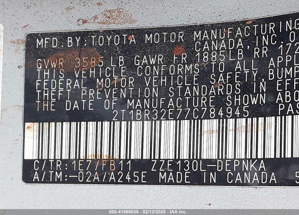2007 TOYOTA COROLLA VIN: 2T1BR32E77C784945