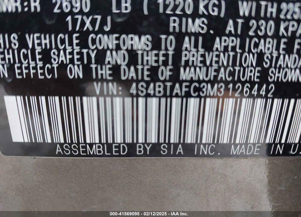 2021 SUBARU OUTBACK PREMIUM VIN: 4S4BTAFC3M3126442