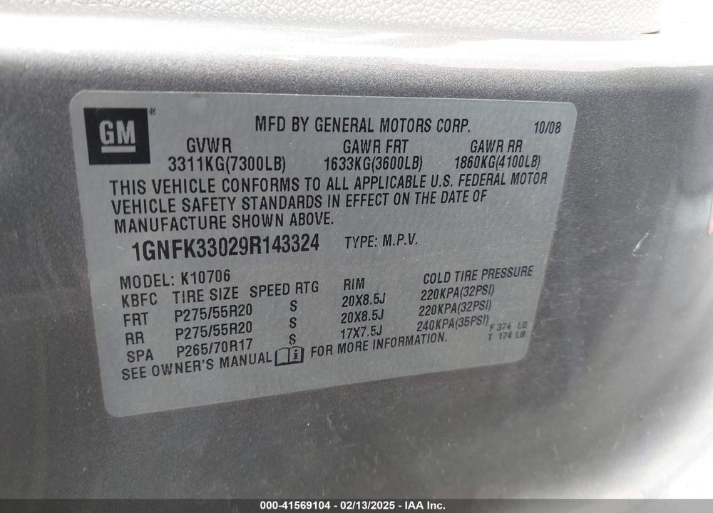 2009 CHEVROLET TAHOE VIN: 1GNFK33029R143324