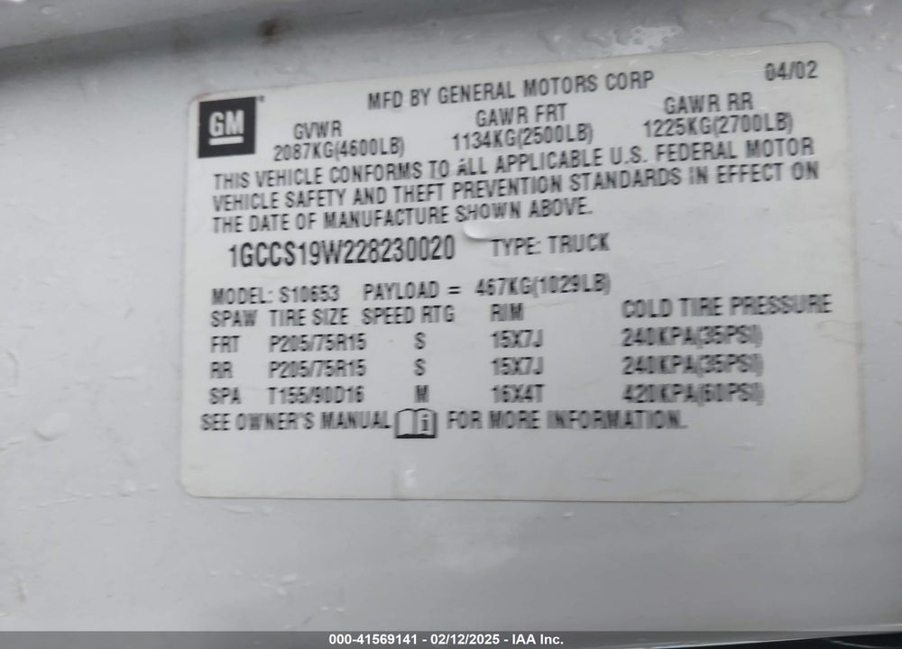 2002 CHEVROLET S-10 LS VIN: 1GCCS19W228230020