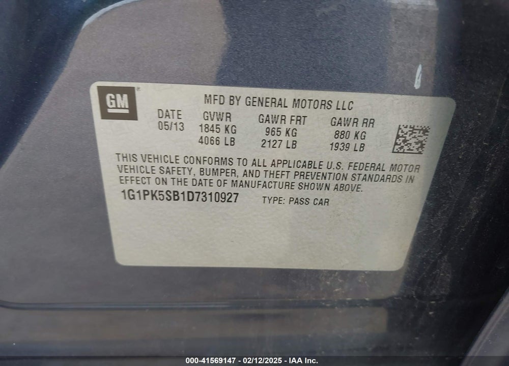 2013 CHEVROLET CRUZE VIN: 1G1PK5SB1D7310927