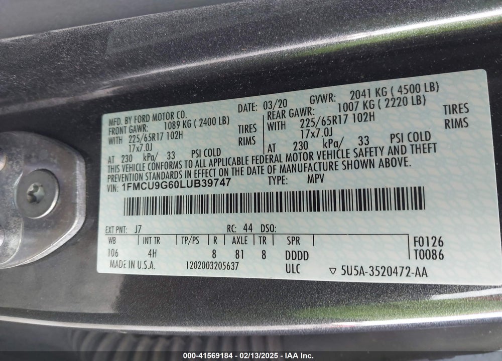 2020 FORD ESCAPE SE VIN: 1FMCU9G60LUB39747