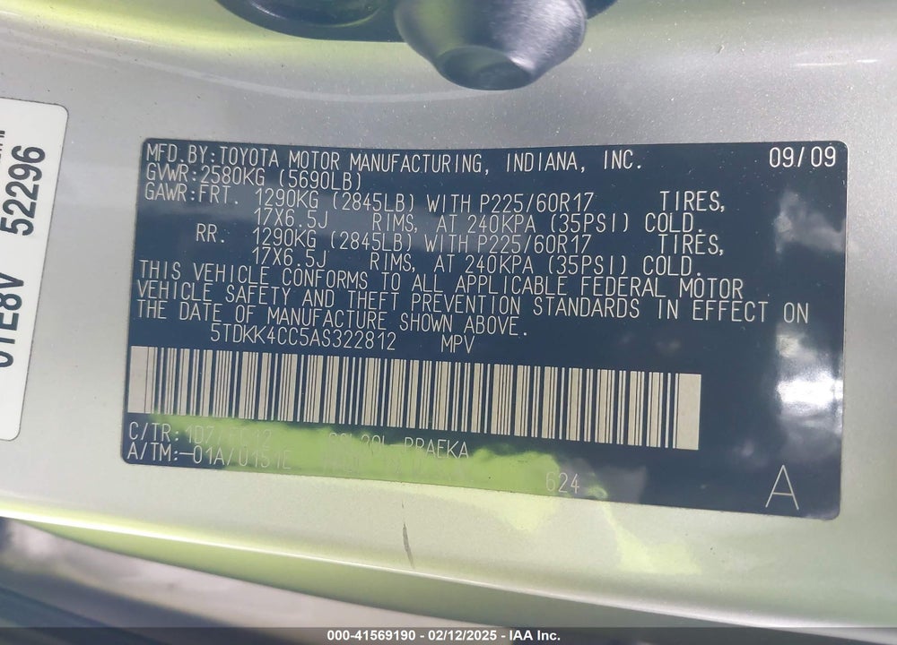 2010 TOYOTA SIENNA LE VIN: 5TDKK4CC5AS322812