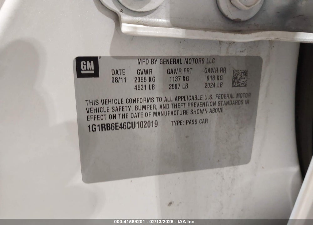 2012 CHEVROLET VOLT VIN: 1G1RB6E46CU102019