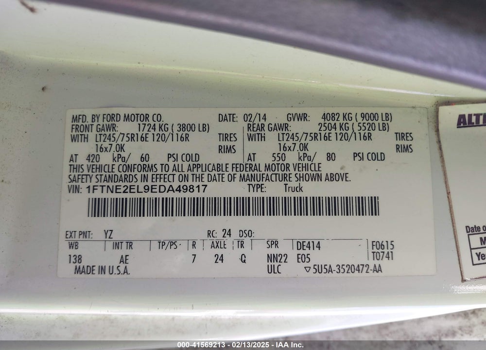2014 FORD E-250 COMMERCIAL VIN: 1FTNE2EL9EDA49817