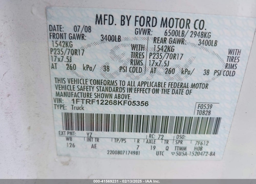 2008 FORD F-150 STX/XL/XLT VIN: 1FTRF12268KF05356