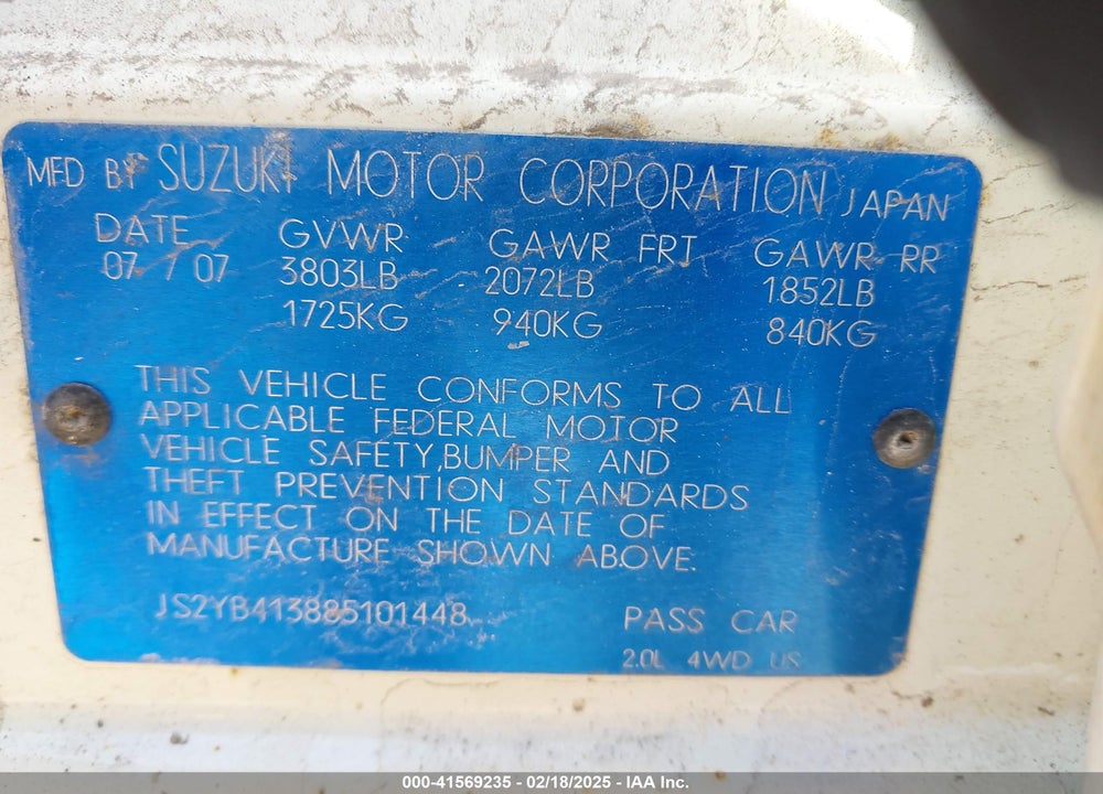 2008 SUZUKI SX4 VIN: JS2YB413885101448