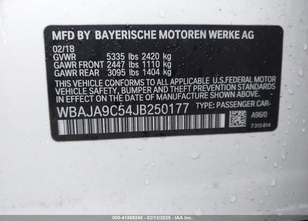 2018 BMW 530E VIN: WBAJA9C54JB250177