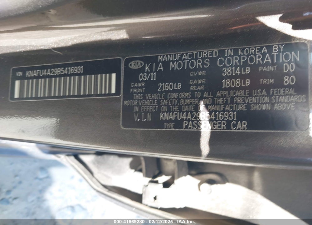 2011 KIA FORTE VIN: KNAFU4A29B5416931