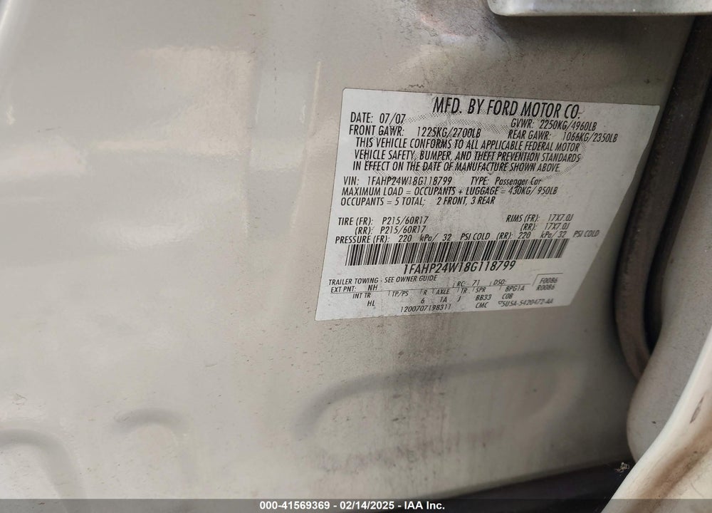 2008 FORD TAURUS SEL VIN: 1FAHP24W18G118799