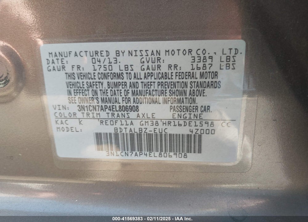 2014 NISSAN VERSA VIN: 3N1CN7AP4EL806908