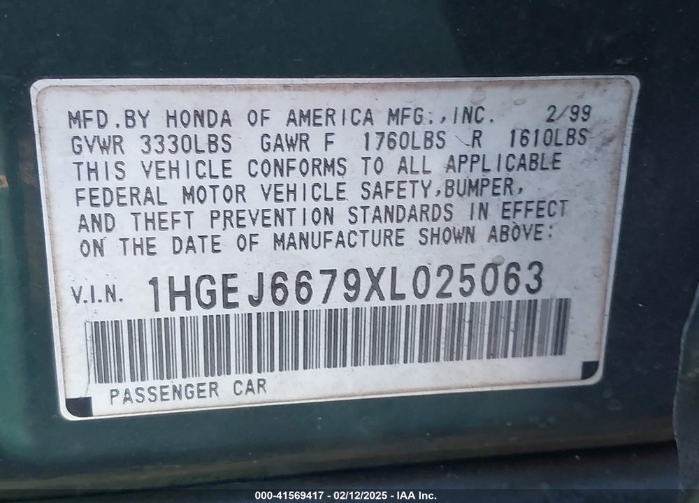 1999 HONDA CIVIC LX VIN: 1HGEJ6679XL025063
