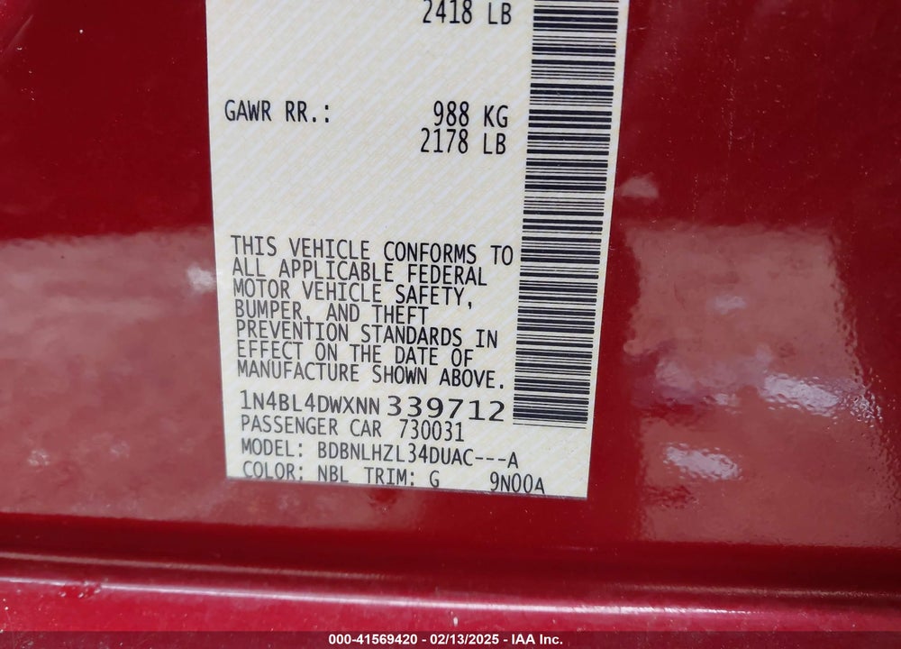 2022 NISSAN ALTIMA VIN: 1N4BL4DWXNN339712
