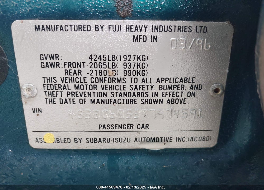 1996 SUBARU LEGACY OUTBACK VIN: 4S3BG6853T7974591