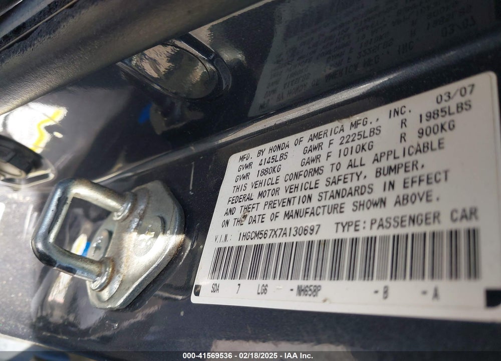2007 HONDA ACCORD 2.4 EX VIN: 1HGCM567X7A130697