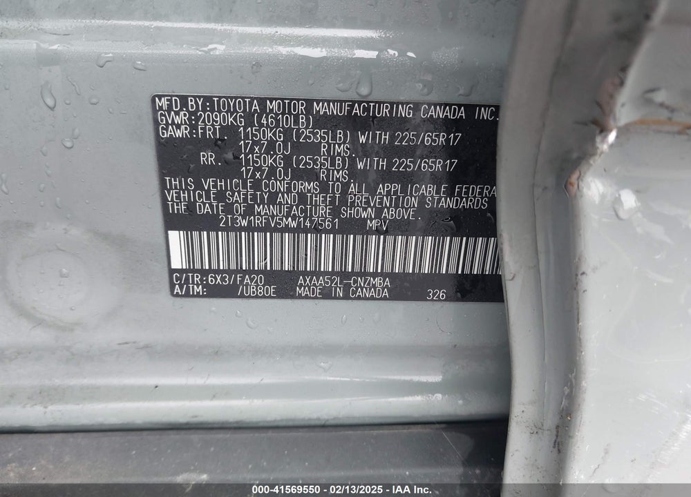 2021 TOYOTA RAV4 XLE VIN: 2T3W1RFV5MW147561