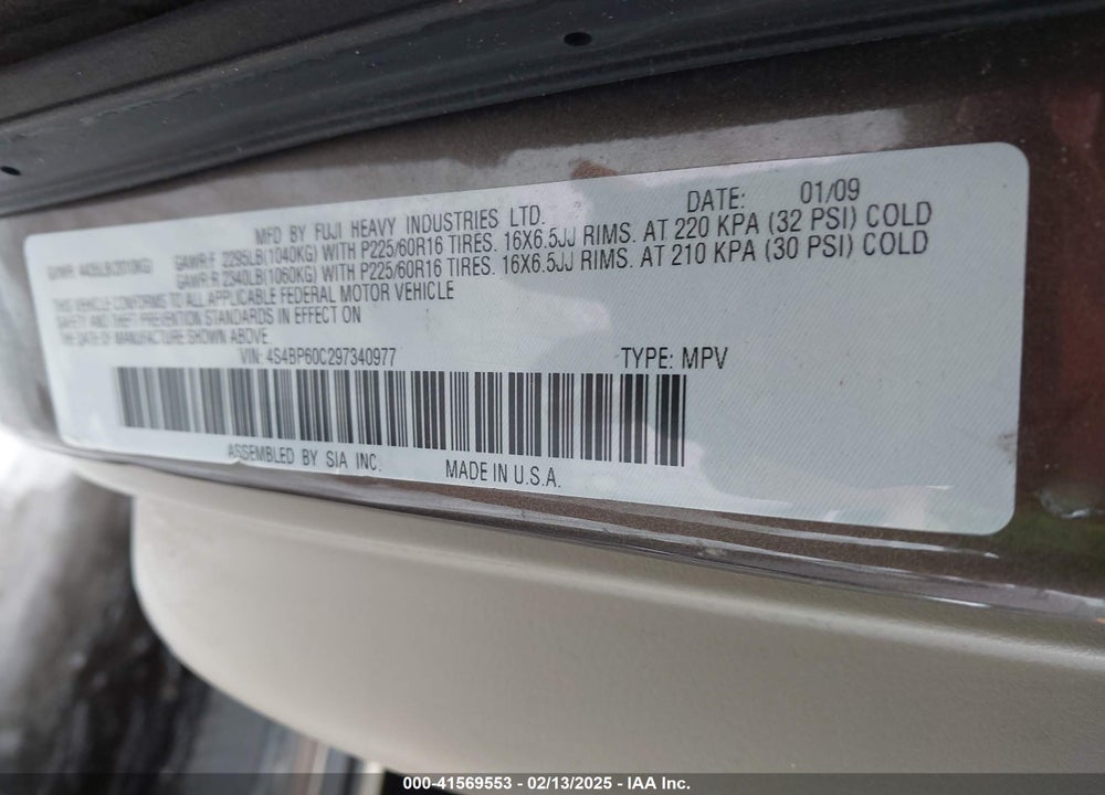 2009 SUBARU OUTBACK VIN: 4S4BP60C297340977