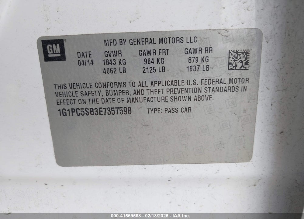 2014 CHEVROLET CRUZE VIN: 1G1PC5SB3E7357598
