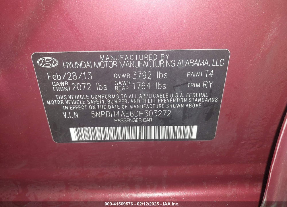 2013 HYUNDAI ELANTRA LIMITED VIN: 5NPDH4AE6DH303272