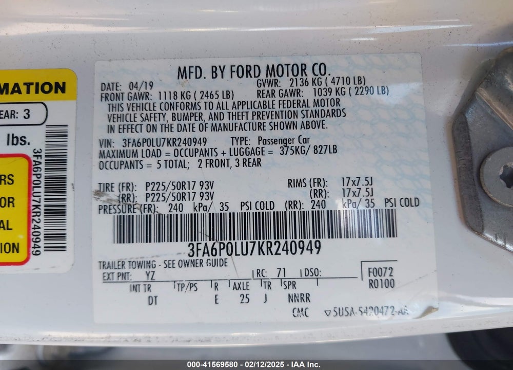 2019 FORD FUSION VIN: 3FA6P0LU7KR240949