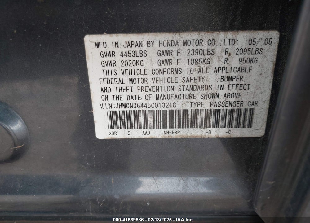 2005 HONDA ACCORD HYBRID IMA VIN: JHMCN36445C013218