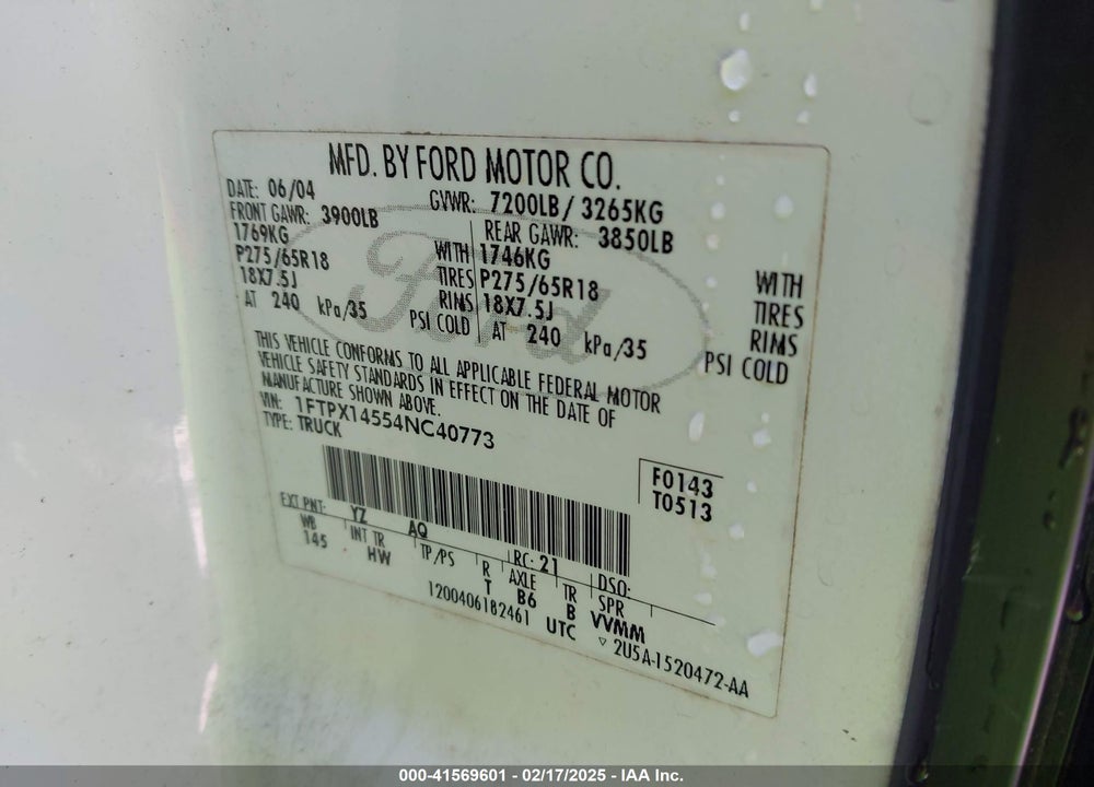2004 FORD F-150 FX4/LARIAT/XL/XLT VIN: 1FTPX14554NC40773