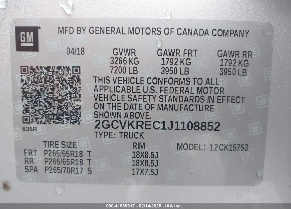 2018 CHEVROLET SILVERADO 1500 1LT VIN: 2GCVKREC1J1108852