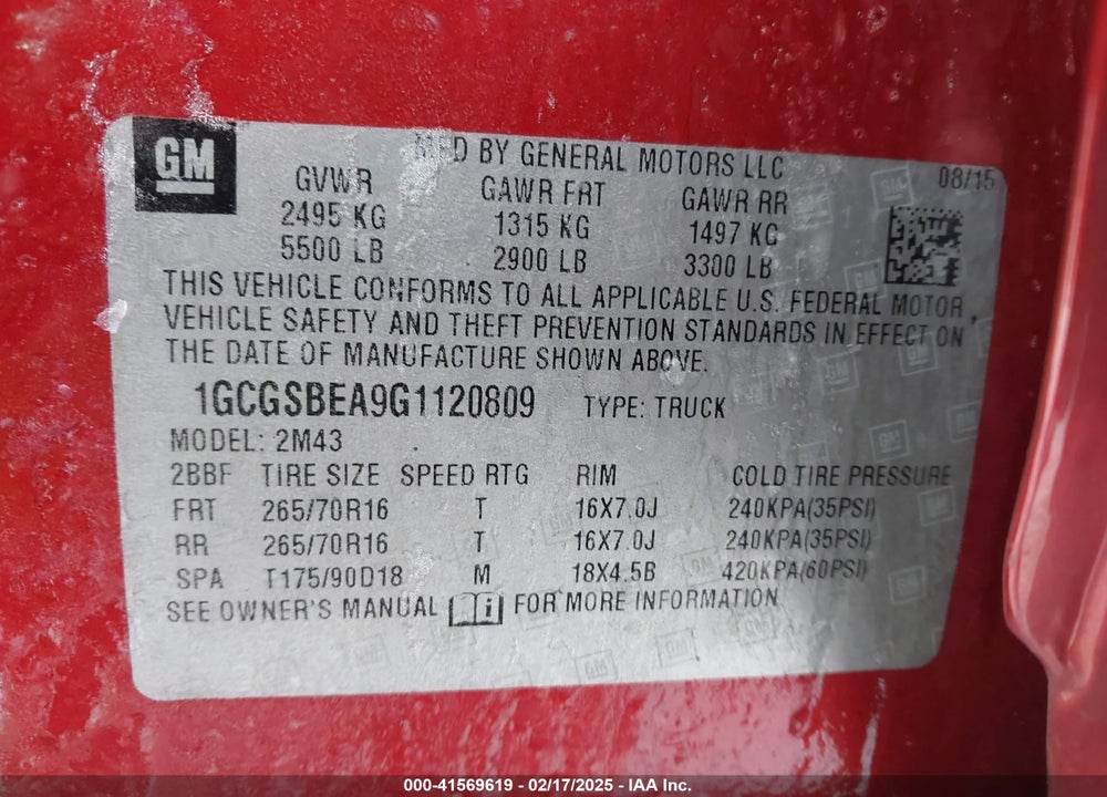 2016 CHEVROLET COLORADO VIN: 1GCGSBEA9G1120809