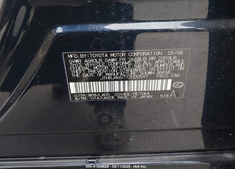 2007 LEXUS ES 350 VIN: JTHBJ46G772020597