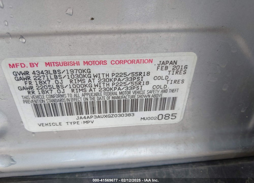 2016 MITSUBISHI OUTLANDER SPORT 2.0 ES VIN: JA4AP3AUXGZ030383