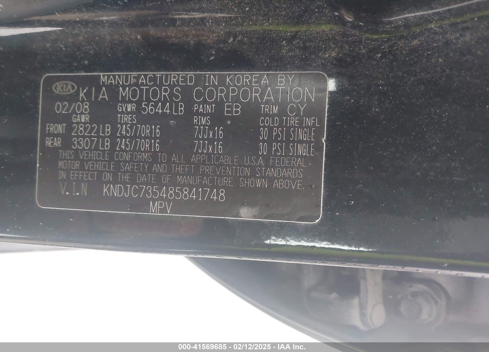 2008 KIA SORENTO VIN: KNDJC735485841748