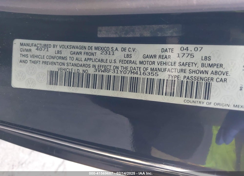 2007 VOLKSWAGEN NEW BEETLE VIN: 3VWRF31Y07M416355