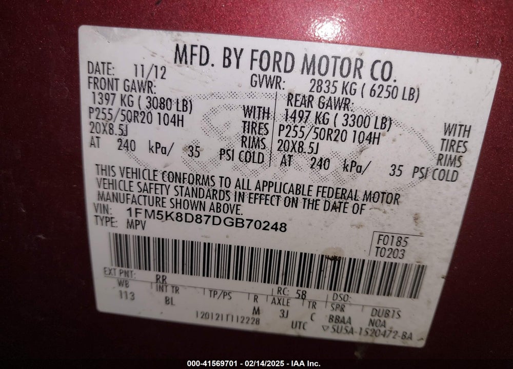 2013 FORD EXPLORER XLT VIN: 1FM5K8D87DGB70248