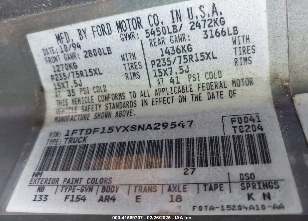 1995 FORD F150 VIN: 1FTDF15YXSNA29547