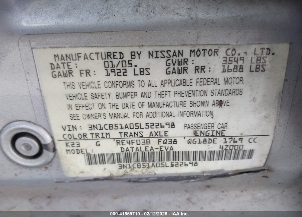 2005 NISSAN SENTRA 1.8S VIN: 3N1CB51A05L522698