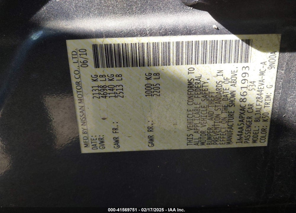 2010 NISSAN MAXIMA VIN: 1N4AA5APXAC861993