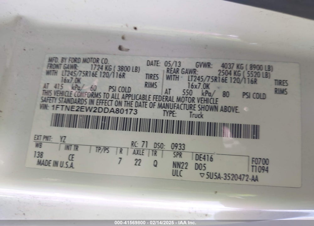 2013 FORD E-250 COMMERCIAL VIN: 1FTNE2EW2DDA80173