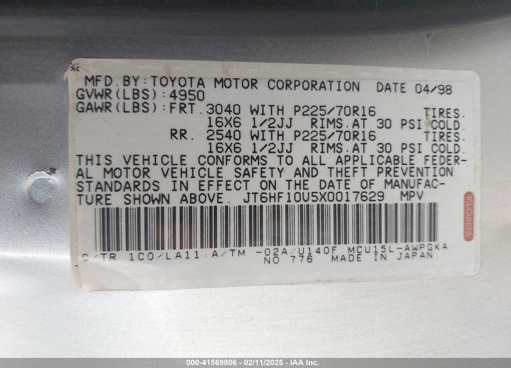 1999 LEXUS RX 300 VIN: JT6HF10U5X0017629
