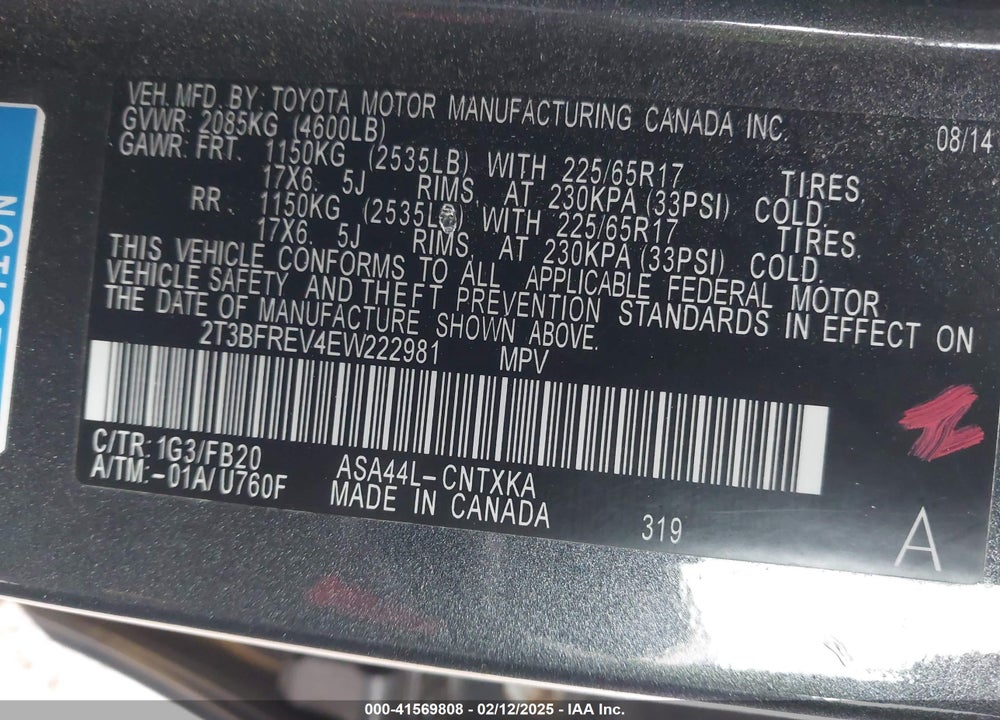 2014 TOYOTA RAV4 LE VIN: 2T3BFREV4EW222981