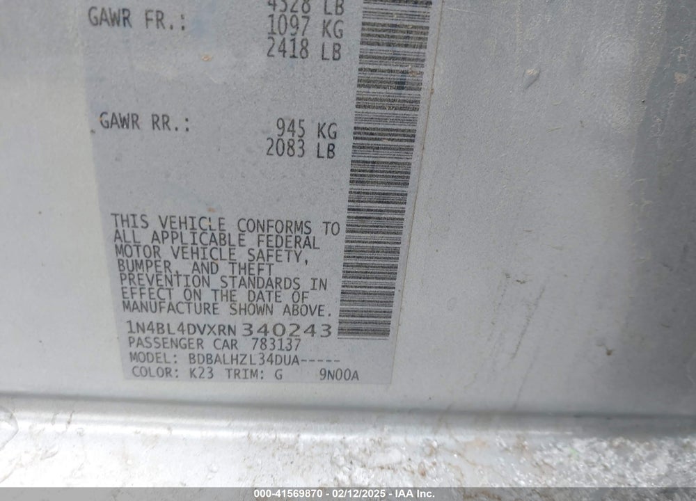 2024 NISSAN ALTIMA SV FWD VIN: 1N4BL4DVXRN340243