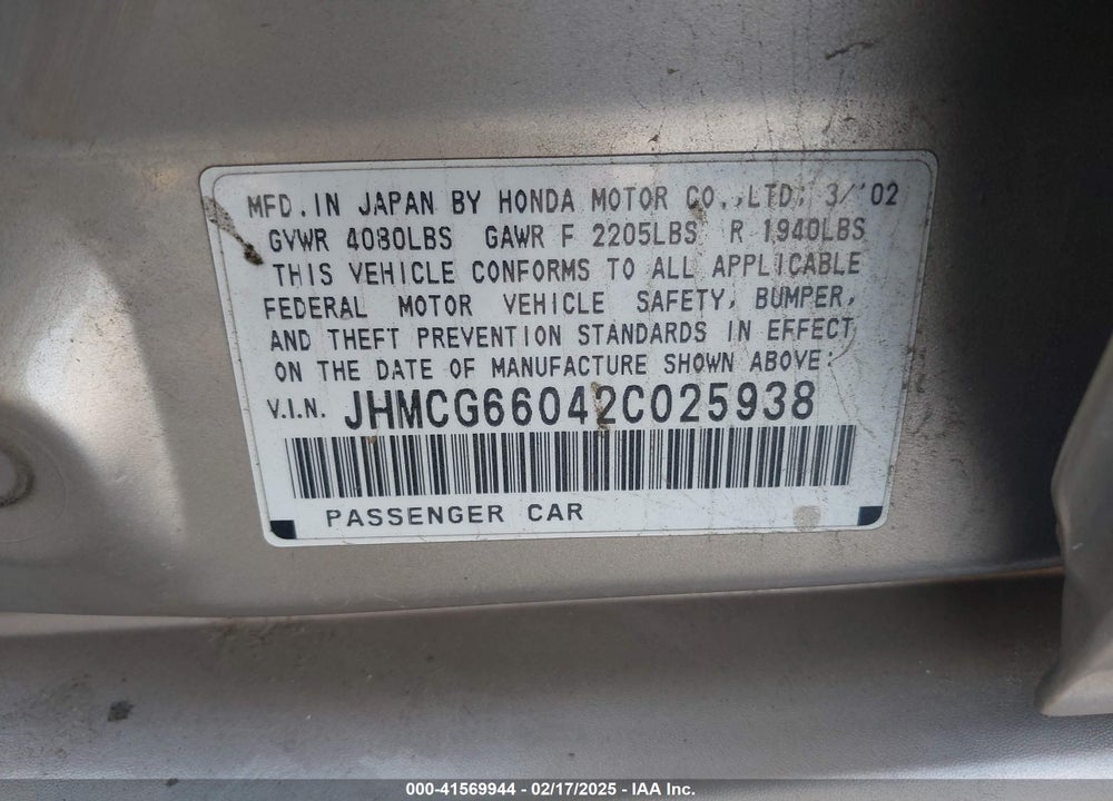 2002 HONDA ACCORD 2.3 EX VIN: JHMCG66042C025938