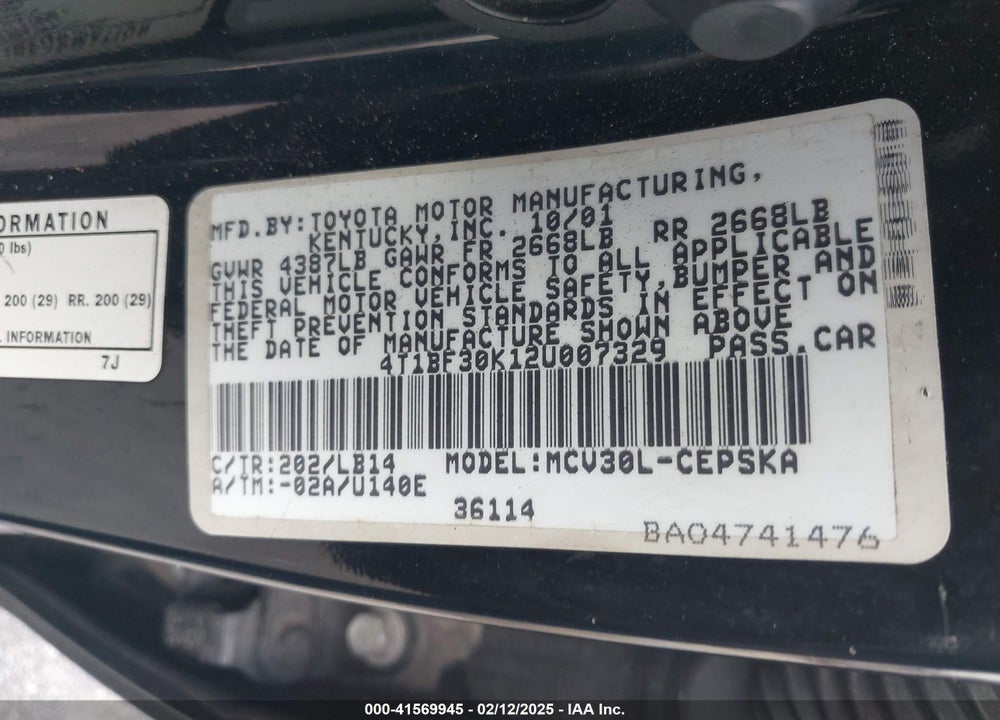 2002 TOYOTA CAMRY VIN: 4T1BF30K12U007329