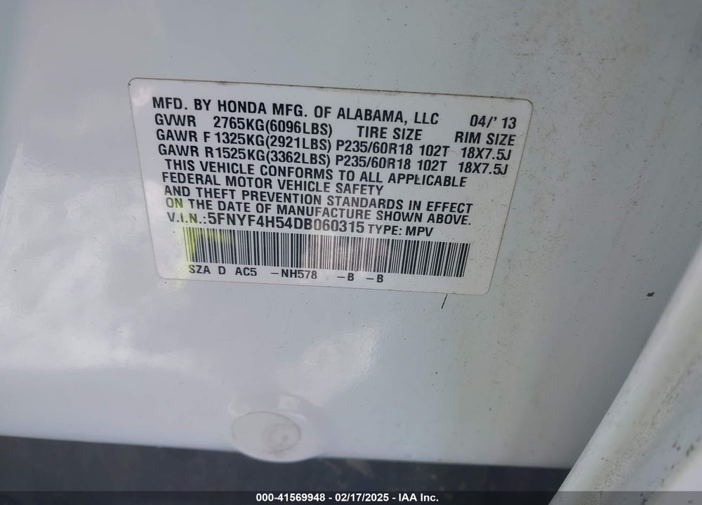 2013 HONDA PILOT EX-L VIN: 5FNYF4H54DB060315